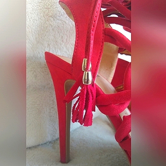 SHLEKH Red Suede Platform High Heel Shoes Ankle Strap  Heels Size 8M US - Picture 2 of 8